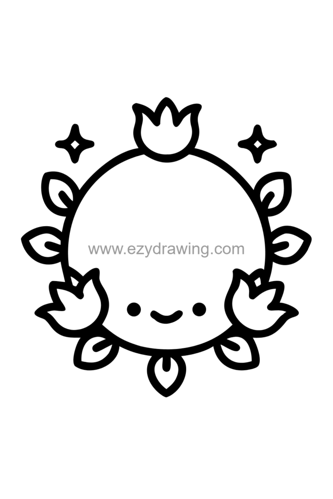 12+ Easy Cute Lotus Flower Drawing Ideas for Kids 13 Cute kawaii lotus flower wreath drawing made of lotus blooms, buds, lily pads, and leaves arranged in a circular border, black and white line art