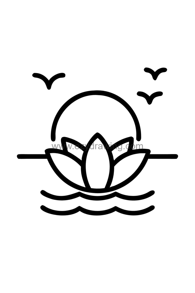 12+ Easy Cute Lotus Flower Drawing Ideas for Kids 7 Cute kawaii lotus flower drawing floating on a pond at sunset with a large glowing sun on the horizon and soft reflections on the water, black and white line art.
