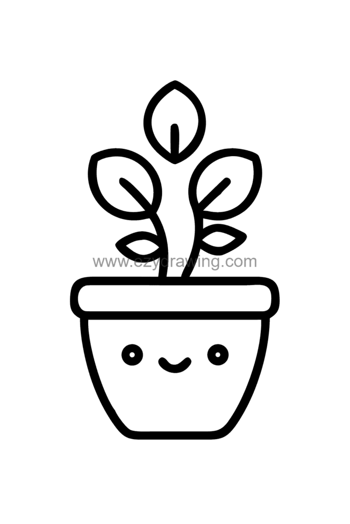 12+ Easy Cute Lotus Flower Drawing Ideas for Kids 11 Cute kawaii lotus flower drawing growing in a round decorative ceramic pot with a patterned surface and small leaves, black and white line art.