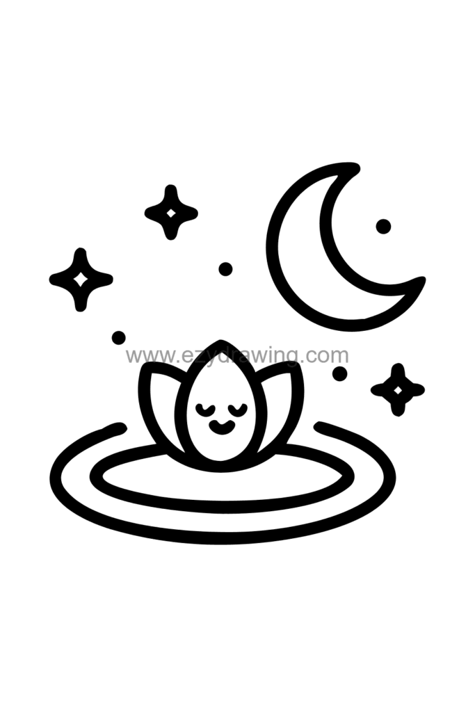 12+ Easy Cute Lotus Flower Drawing Ideas for Kids 8 Cute kawaii lotus flower drawing floating on a moonlit pond with a crescent moon above and stars reflected on the water surface, black and white line art.