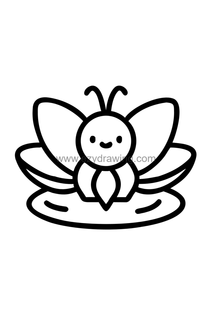 12+ Easy Cute Lotus Flower Drawing Ideas for Kids 12 Cute kawaii lotus flower drawing with a large detailed butterfly landing on the open petals above a calm pond, black and white line art.