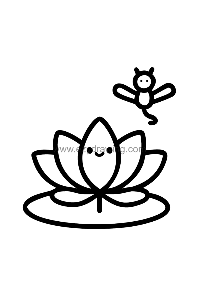 12+ Easy Cute Lotus Flower Drawing Ideas for Kids 6 Cute kawaii lotus flower drawing with a delicate dragonfly perched on one of its open petals, black and white line art.