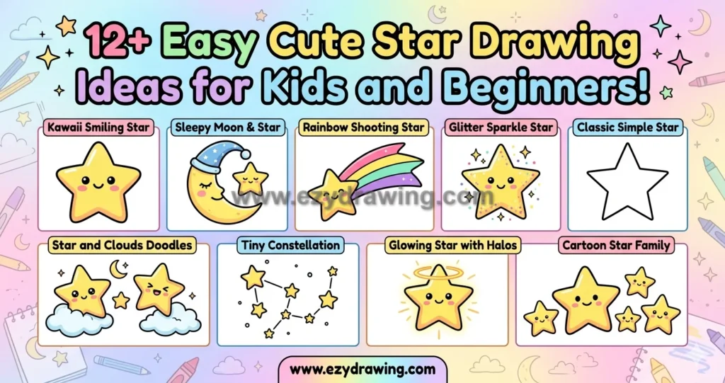 Cute star drawing ideas for kids with kawaii stars, moon, clouds, rainbow, constellation, and simple beginner sketches.