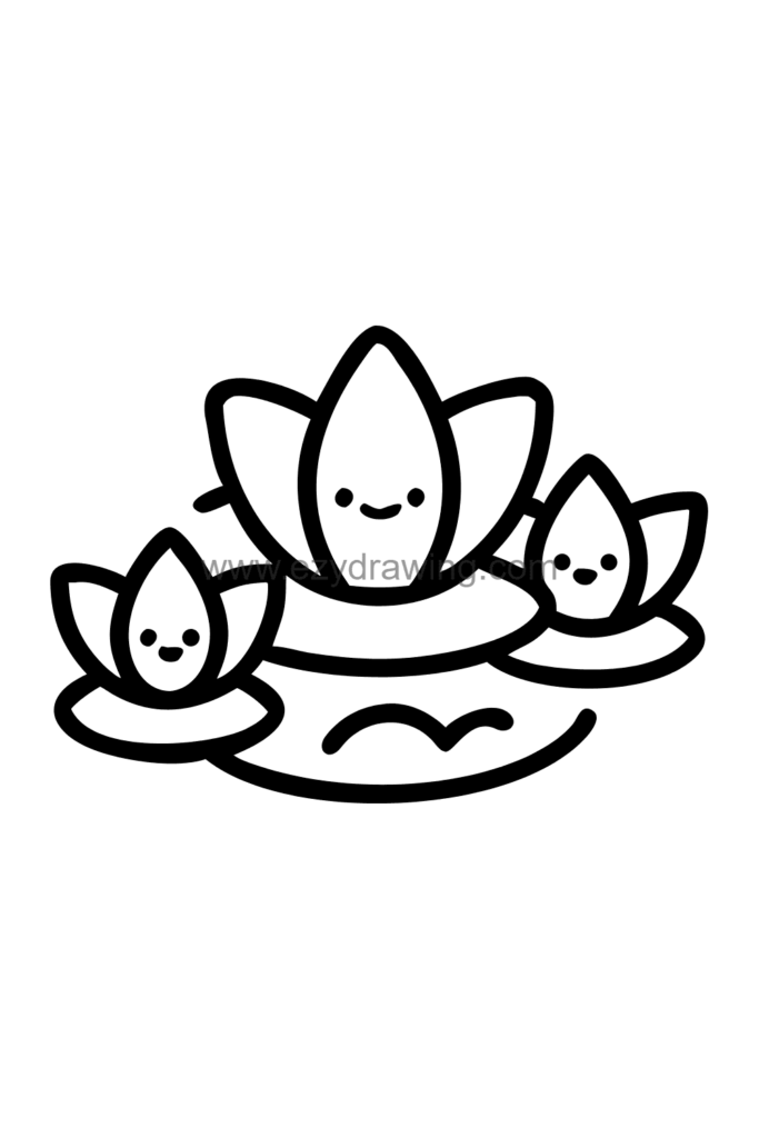 12+ Easy Cute Lotus Flower Drawing Ideas for Kids 10 Cute kawaii drawing of three lotus flowers in different stages of blooming — bud, half open, and fully open — sitting on lily pads in a row, black and white line art.