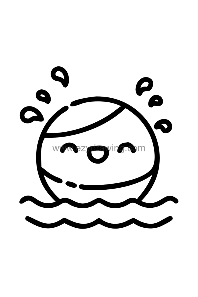 13+ Easy Cute Beach Drawing Ideas for Beginners 10 Cute kawaii beach ball drawing bouncing on top of ocean waves with a happy smiling face, black and white line art.