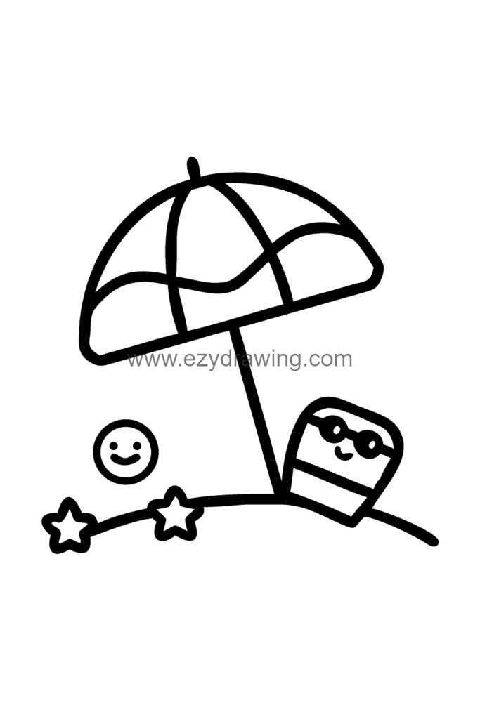 13+ Easy Cute Beach Drawing Ideas for Beginners 6 Cute kawaii beach umbrella drawing with a pair of flip flops and sunglasses laid out on the sand beneath it, black and white line art.