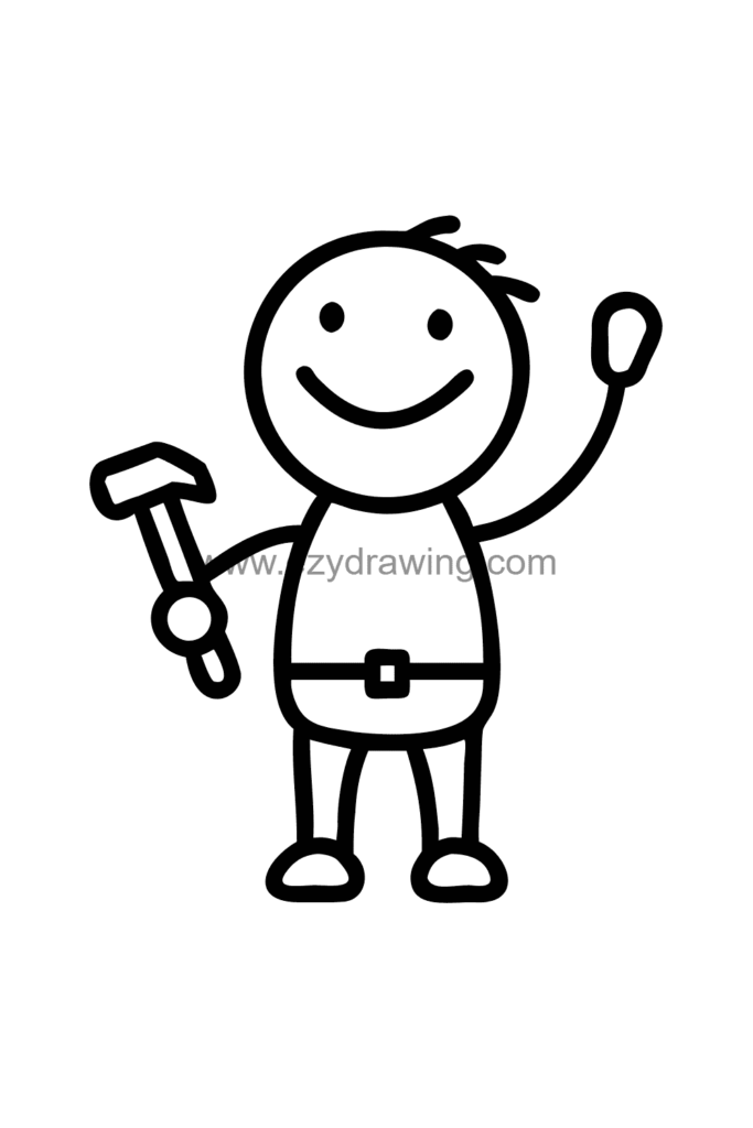 12+ Easy Cute Man Drawing Ideas for Kids 2 Cute kawaii man drawing of a cheerful dad wearing a toolbelt and holding a hammer, black and white line art.