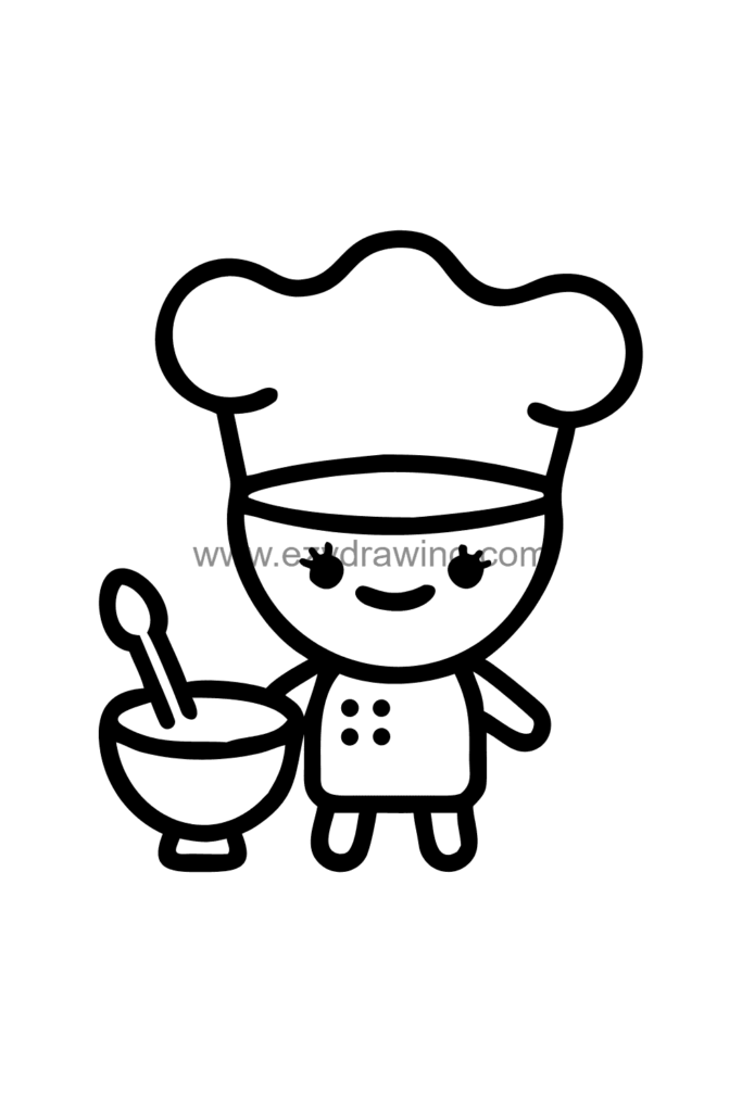 12+ Easy Cute Man Drawing Ideas for Kids 6 Cute kawaii man drawing of a smiling chef man in a tall white hat holding a large wooden spoon, black and white line art.