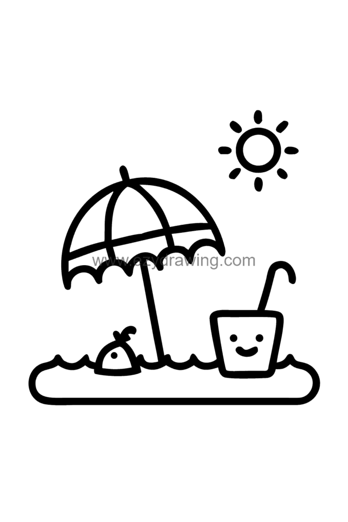 13+ Easy Cute Beach Drawing Ideas for Beginners 2 Cute kawaii beach drawing of a sunny seaside scene with a striped umbrella, beach towel, sandcastle, and gentle ocean waves in the background, black and white line art.