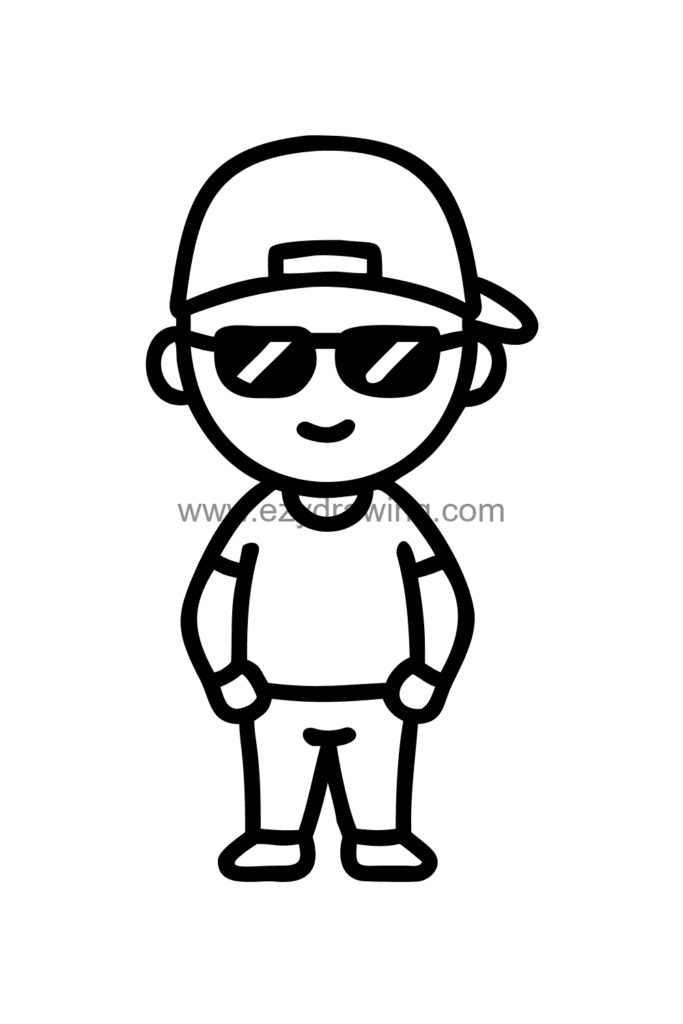 12+ Easy Cute Man Drawing Ideas for Kids 3 Cute kawaii man drawing of a cool young man wearing sunglasses and a backwards baseball cap, black and white line art.