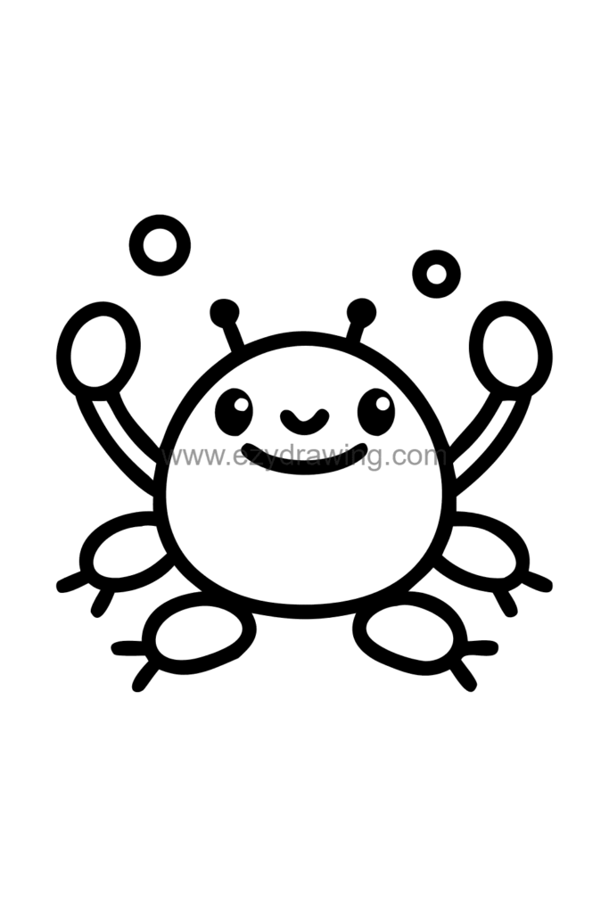 13+ Easy Cute Beach Drawing Ideas for Beginners 3 Cute kawaii crab drawing on a sandy beach with both claws raised in a cheerful wave, black and white line art.