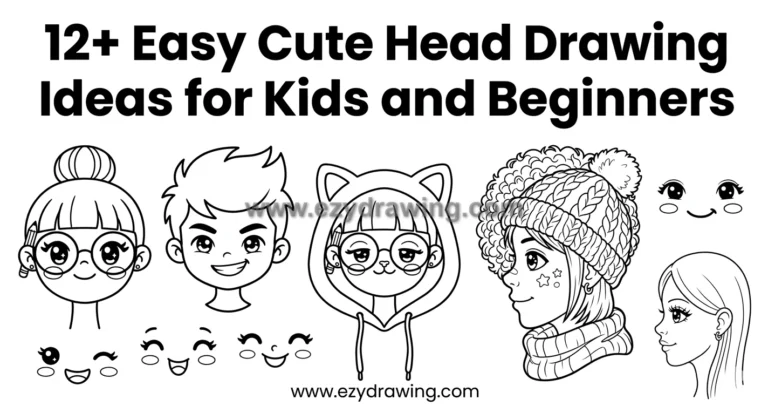 Cute head drawing ideas for kids with cartoon faces, hairstyles, expressions, and easy line art practice.