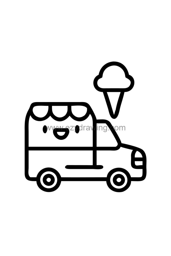 13+ Easy Cute Beach Drawing Ideas for Beginners 11 Cute kawaii ice cream van drawing parked on a beach road with a serving window and ice cream cone sign on top, black and white line art.