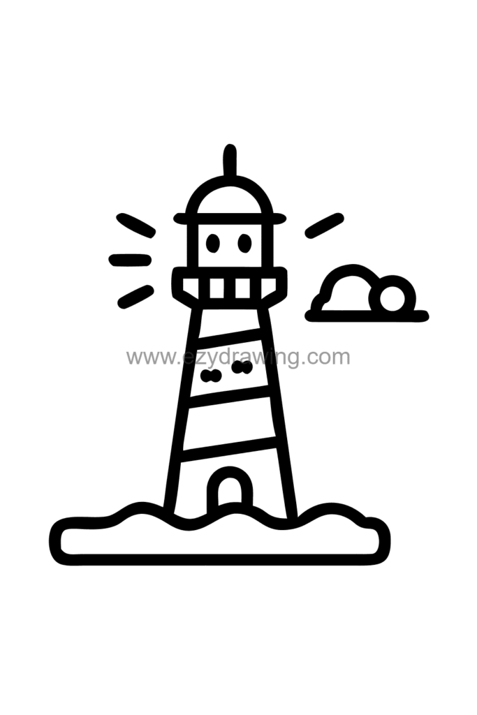 13+ Easy Cute Beach Drawing Ideas for Beginners 7 Cute kawaii lighthouse drawing on a rocky cliff above the ocean with a glowing light beam and seagulls flying nearby, black and white line art.