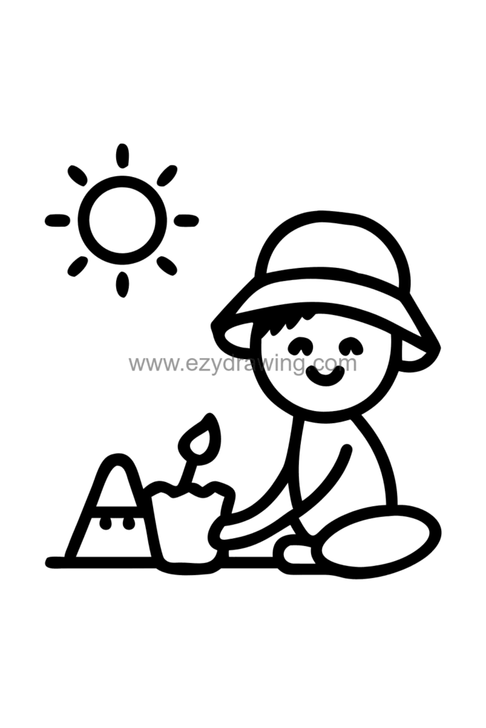 13+ Easy Cute Beach Drawing Ideas for Beginners 9 Cute kawaii child drawing of a small kid kneeling on the beach happily building a sandcastle with a bucket and spade, black and white line art.