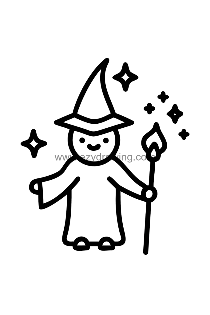 12+ Easy Cute Man Drawing Ideas for Kids 11 Cute kawaii man drawing of a wizard man in a star-covered robe and tall pointy hat holding a glowing magic staff, black and white line art.