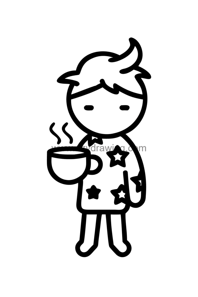 12+ Easy Cute Man Drawing Ideas for Kids 4 Cute kawaii man drawing of a sleepy man in pyjamas holding a large steaming coffee mug, black and white line art.
