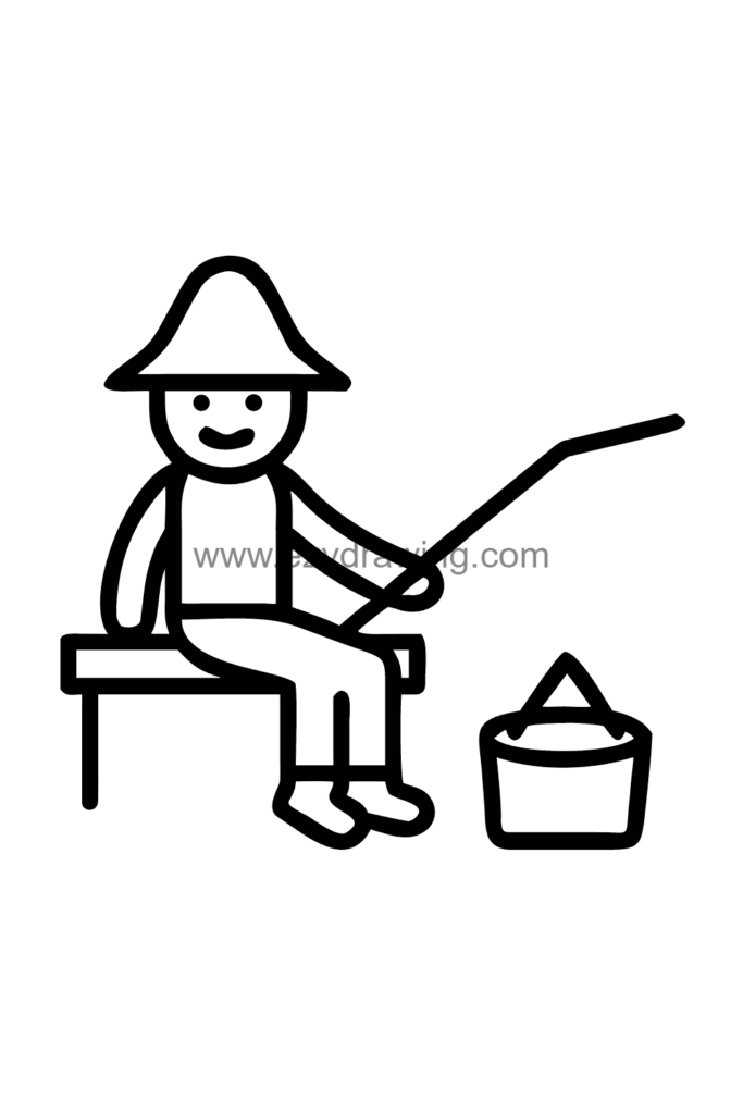 12+ Easy Cute Man Drawing Ideas for Kids 10 Cute kawaii man drawing of a relaxed man sitting by a lake holding a fishing rod with a fish on the line, black and white line art.