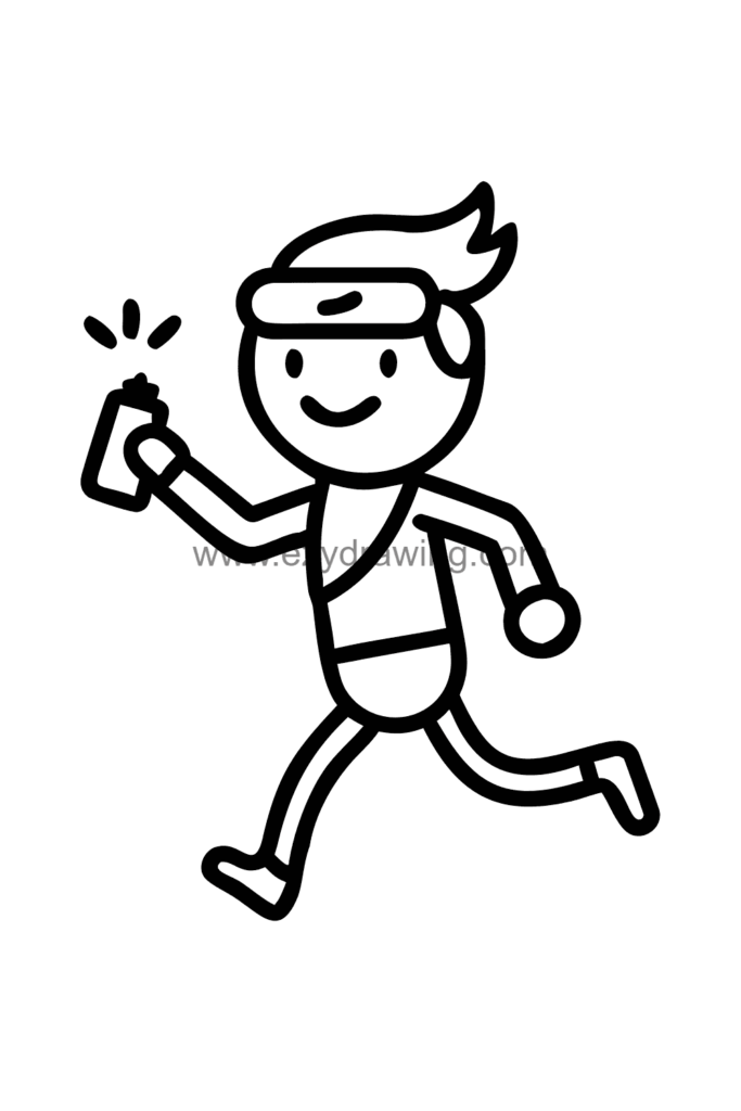 12+ Easy Cute Man Drawing Ideas for Kids 9 Cute kawaii man drawing of a man jogging through a park with headphones on and a water bottle in hand, black and white line art.