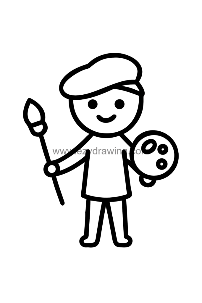 12+ Easy Cute Man Drawing Ideas for Kids 12 Cute kawaii man drawing of an artist man standing before a canvas on an easel holding a paintbrush and palette, black and white line art.