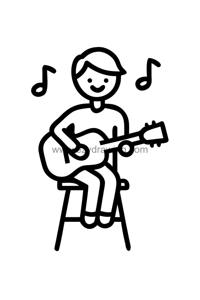 12+ Easy Cute Man Drawing Ideas for Kids 7 Cute kawaii man drawing of a man sitting on a stool playing an acoustic guitar with musical notes floating around him, black and white line art.