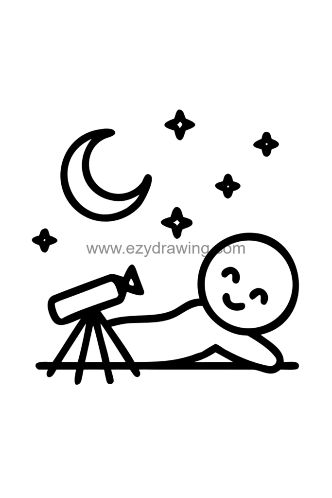 12+ Easy Cute Man Drawing Ideas for Kids 13 Cute kawaii man drawing of a man lying on a blanket outdoors at night looking up at the stars, black and white line art.