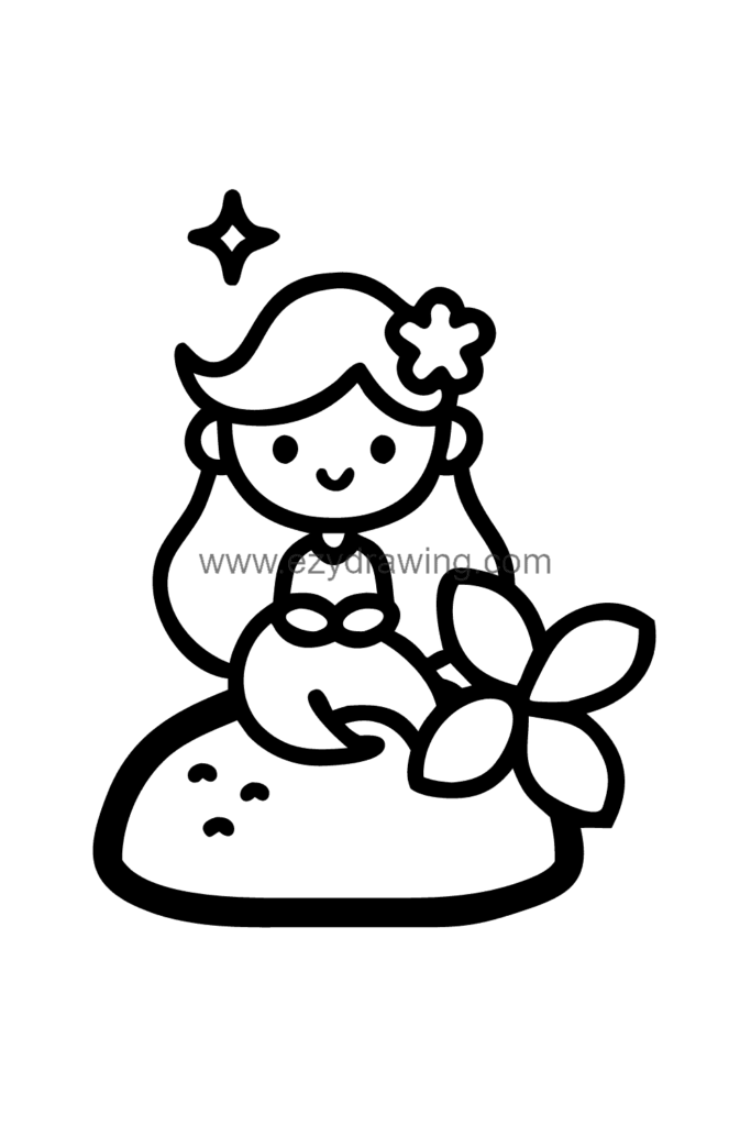 13+ Easy Cute Beach Drawing Ideas for Beginners 8 Cute kawaii mermaid drawing sitting on a rock by the ocean combing her long hair with a shell, black and white line art.