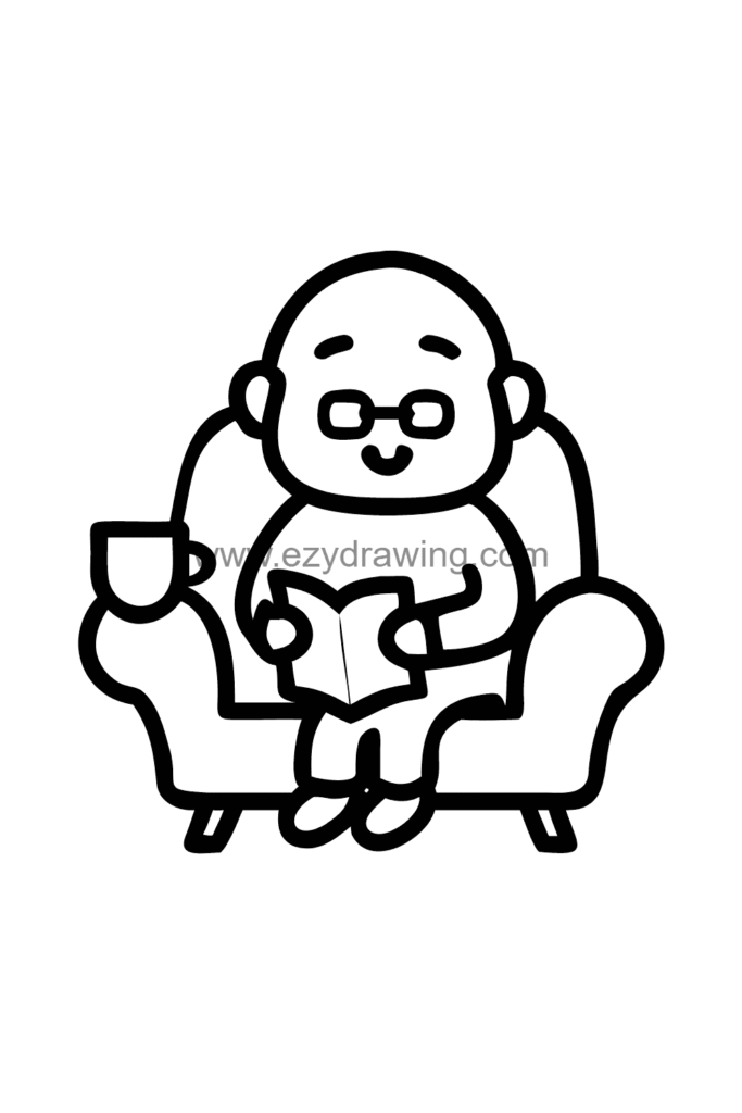 12+ Easy Cute Man Drawing Ideas for Kids 8 Cute kawaii man drawing of a cosy grandpa sitting in an armchair reading a newspaper with reading glasses on, black and white line art.