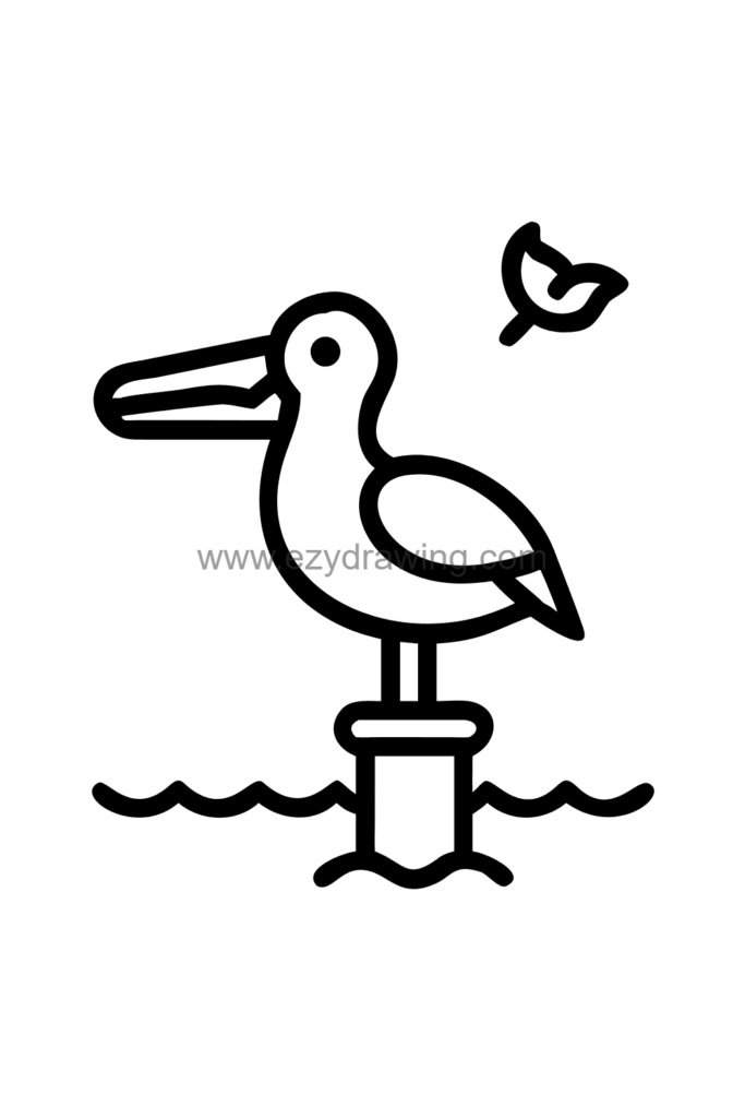 13+ Easy Cute Beach Drawing Ideas for Beginners 12 Cute kawaii pelican drawing perched on a wooden pier post above the ocean with a fish in its beak pouch, black and white line art.