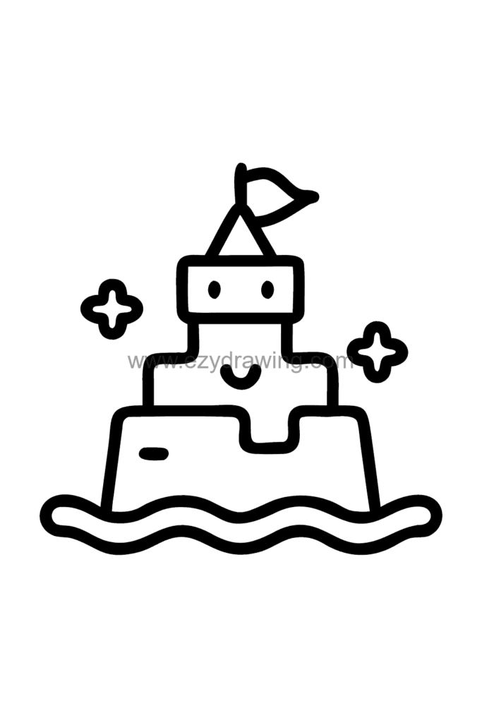 13+ Easy Cute Beach Drawing Ideas for Beginners 4 Cute kawaii sandcastle drawing with towers, a flag on top, and a water moat surrounding the base, black and white line art.