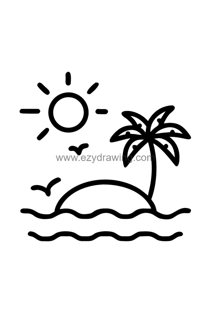 13+ Easy Cute Beach Drawing Ideas for Beginners 13 Cute kawaii beach sunset drawing with a large sun setting on the horizon, a palm tree silhouette, and gentle ocean waves, black and white line art.