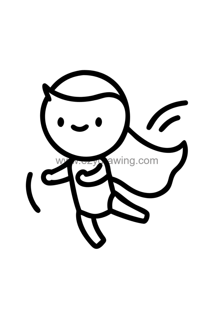 12+ Easy Cute Man Drawing Ideas for Kids 5 ALT TEXT: Cute kawaii man drawing of a superhero man in a cape with fists raised in a heroic flying pose, black and white line art.