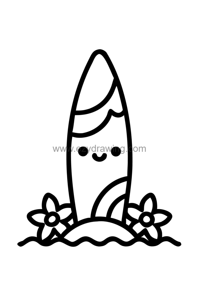 13+ Easy Cute Beach Drawing Ideas for Beginners 5 Cute kawaii surfboard drawing propped upright in the sand decorated with wave and tropical flower designs, black and white line art.
