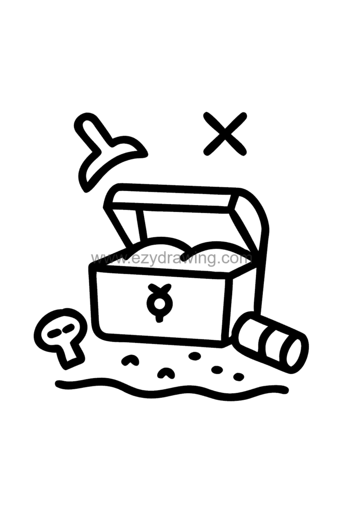 13+ Easy Cute Beach Drawing Ideas for Beginners 14 Cute kawaii drawing of a treasure chest half-buried in the beach sand surrounded by seashells, a starfish, and a treasure map, black and white line art.