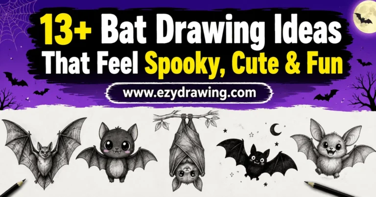 Cute bat drawing ideas pin with spooky purple Halloween theme, pencil sketch bats, moon, and ezydrawing.com