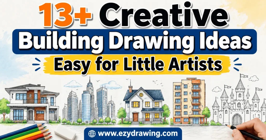13+ Creative Building Drawing Ideas Easy for Little Artists 13 13+ creative building drawing ideas for kids with houses, city buildings, castle sketch and ezydrawing.com banner