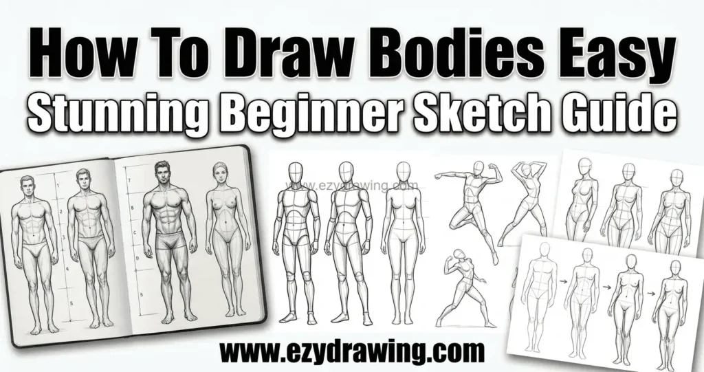 How To Draw Bodies guide with beginner figure sketches, body proportions, poses, anatomy lines, and easy drawing steps.