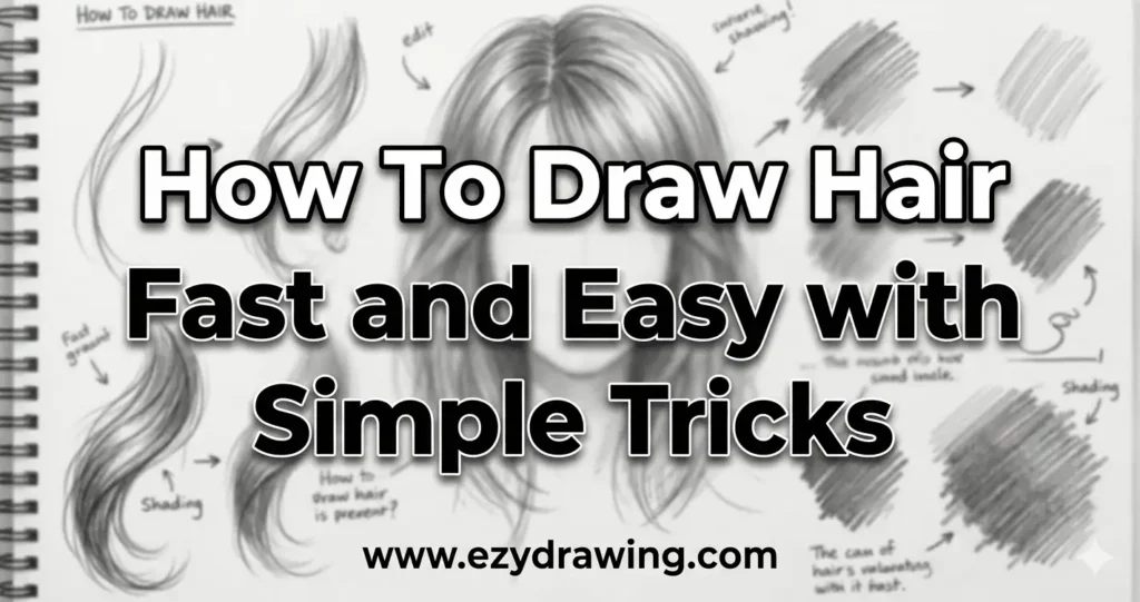 How To Draw Hair tutorial cover with pencil hair sketches, shading examples, bold title, and ezydrawing.com watermark