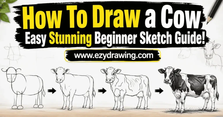 how to draw a cow step by step sketch guide showing simple shapes, clean outlines, details, and a final shaded farm cow drawing