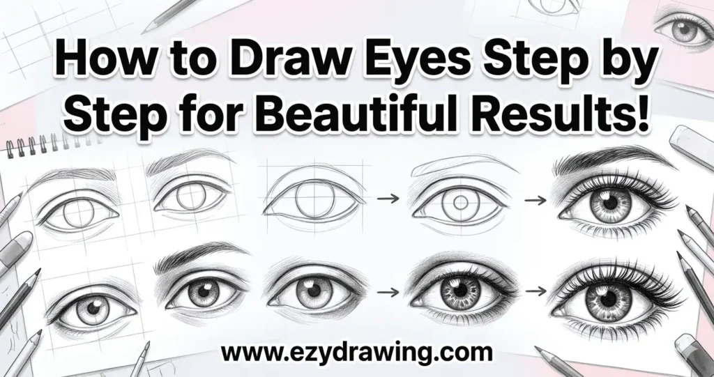 Step by step eye drawing guide showing outlines, shading, lashes, and final realistic eye details.