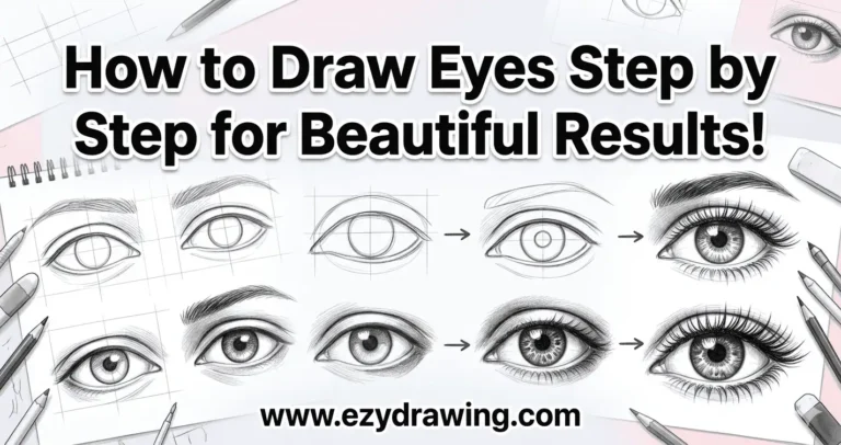 Step by step eye drawing guide showing outlines, shading, lashes, and final realistic eye details.