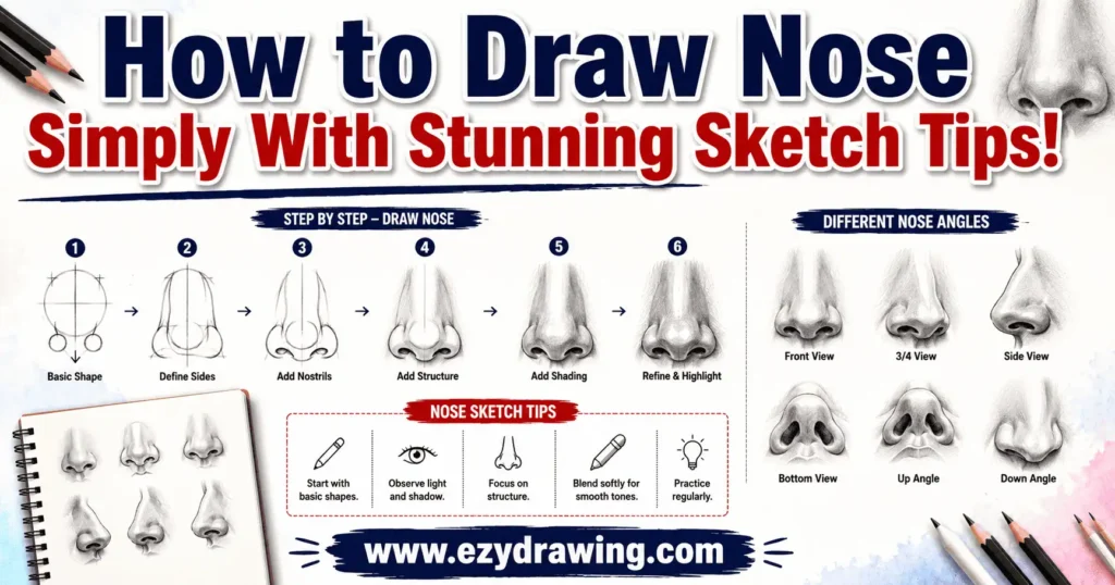 how to draw nose infographic with step by step pencil sketches, angle examples, shading tips, and simple beginner guidance