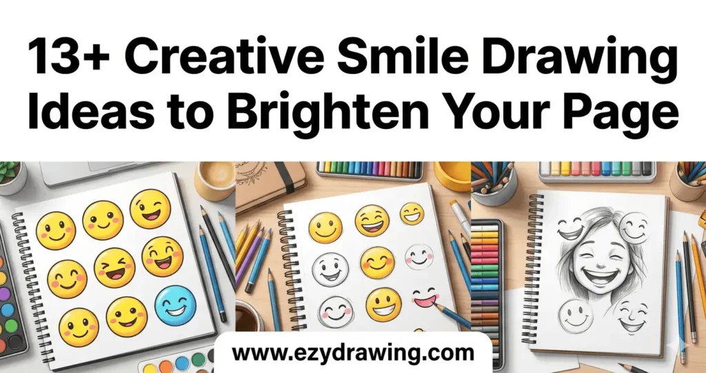 Pinterest graphic with smile drawing ideas, happy face sketches, colored pencils, and ezydrawing.com branding