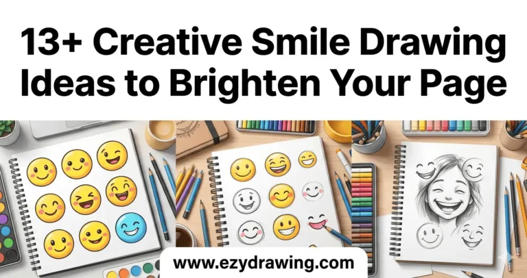 Pinterest graphic with smile drawing ideas, happy face sketches, colored pencils, and ezydrawing.com branding