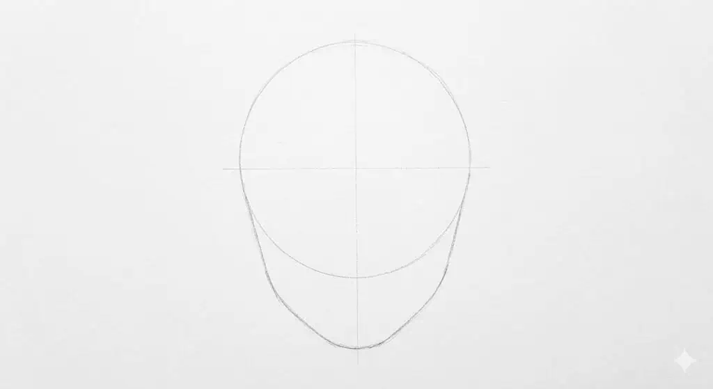 How to draw a face step 1 showing an egg shaped head outline with center guide lines