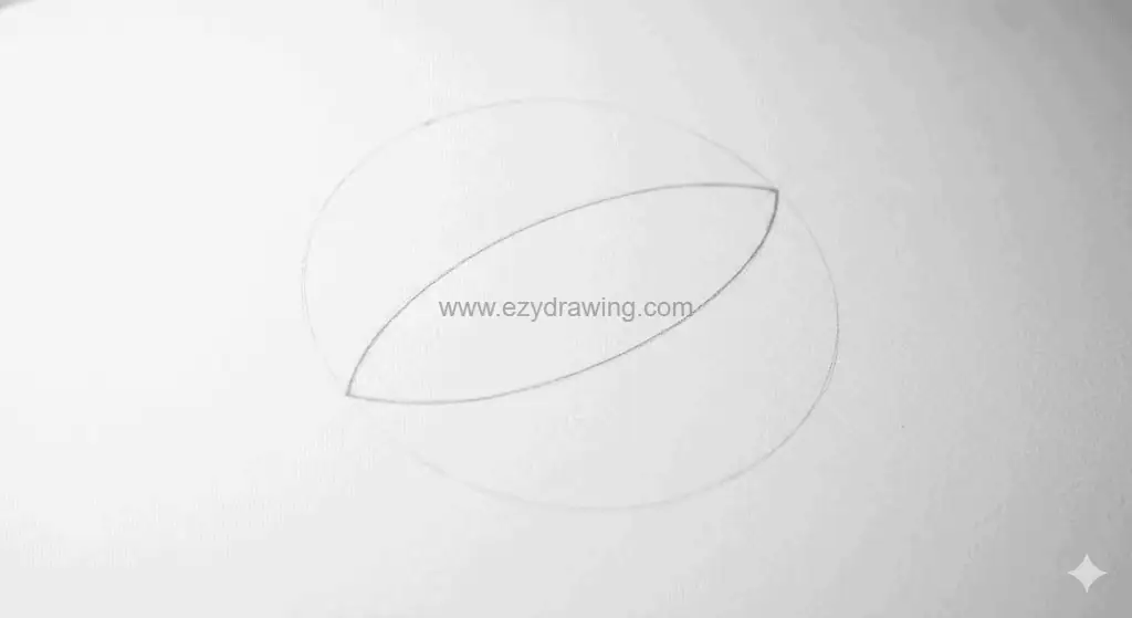 Light pencil sketch showing a basic sphere outline with a curved oval guide across the center.