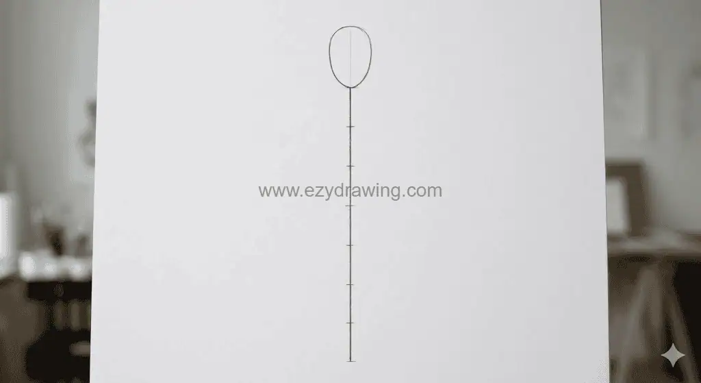 How To Draw Bodies Easy Stunning Beginner Sketch Guide 2 How To Draw Bodies step one showing head shape, center body axis, and proportion marks for beginner figure sketch.