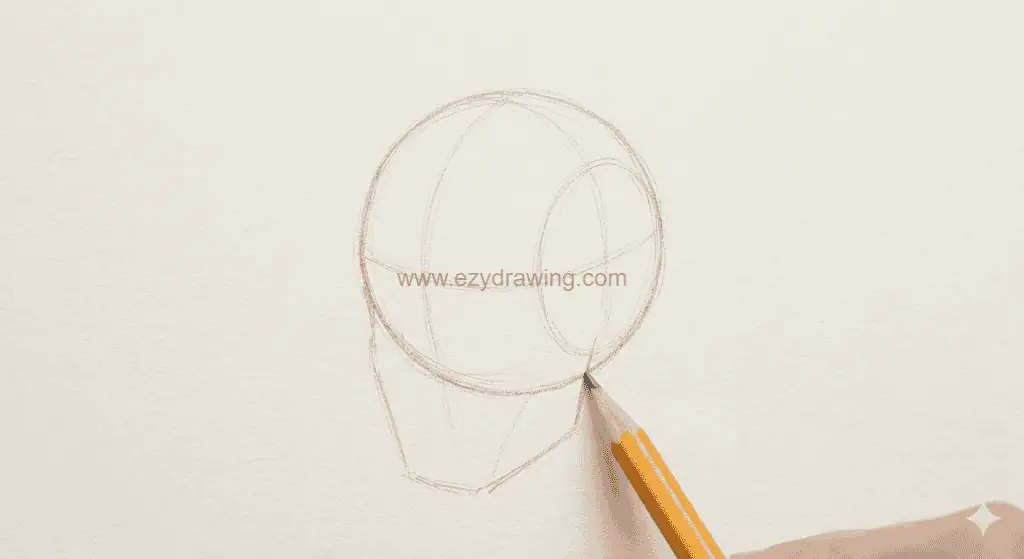 Light foundation sketch of a head sphere and jaw shape with guide lines for drawing hair