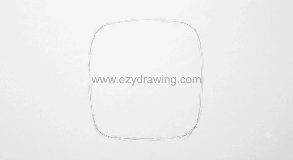 how to draw a cow step 1 shows a soft rounded square head shape lightly sketched in pencil as the base for a cute cow face