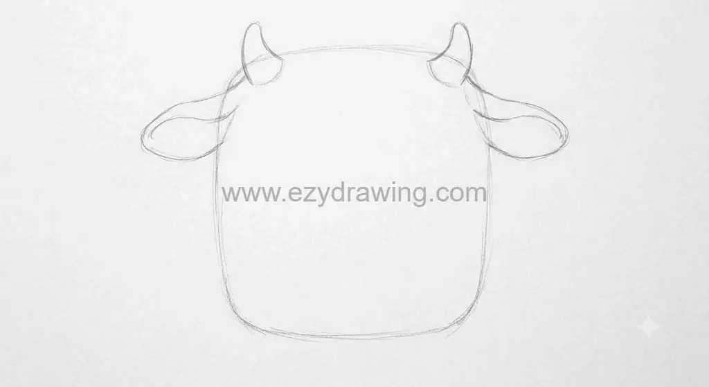 how to draw a cow step 2 shows a rounded cow head outline with added floppy ears, small horns, and light pencil guide lines